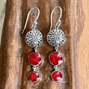 ER 15531 CR-(HANDMADE 925 BALI STERLING SILVER FILIGREE EARRINGS WITH CORAL)